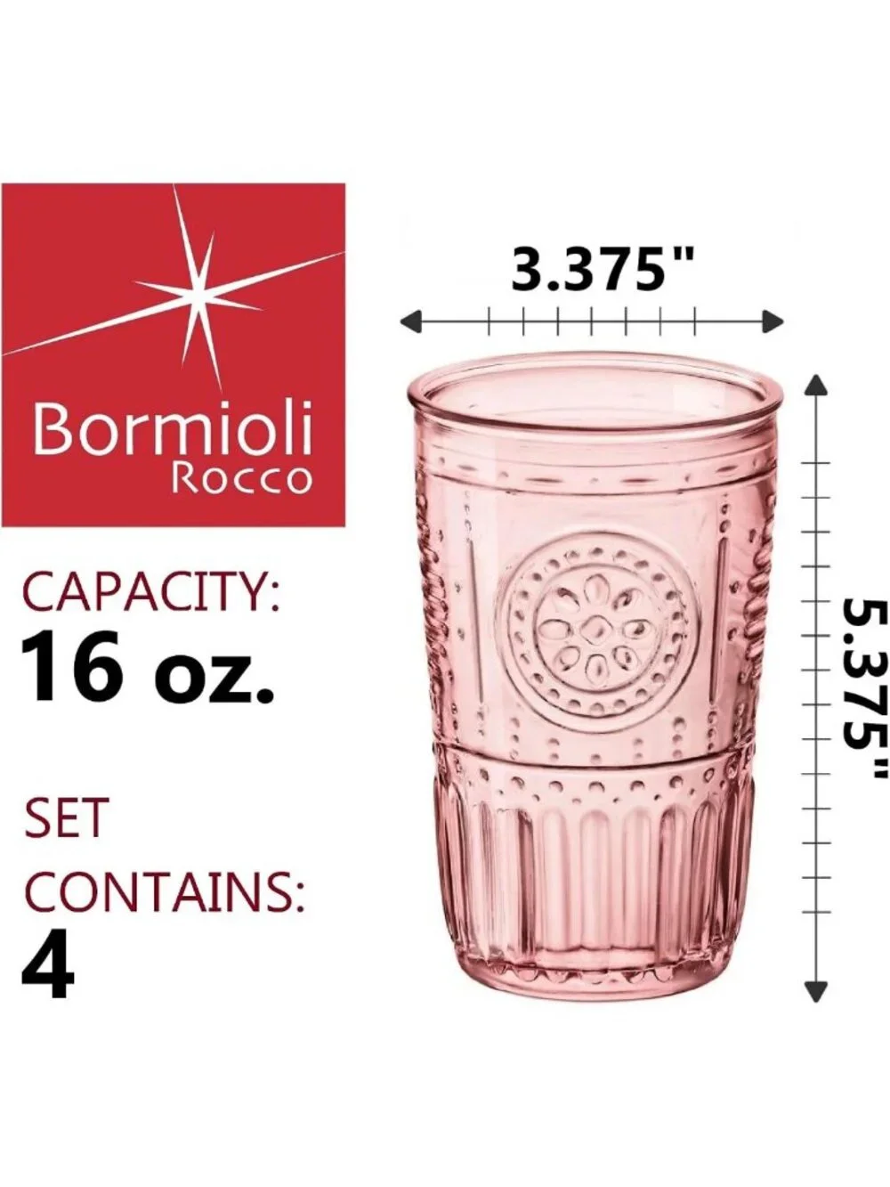 Set of 4 Colored Crystal Cooler Glasses - 16 Oz Cotton Candy Pink, Made in Italy